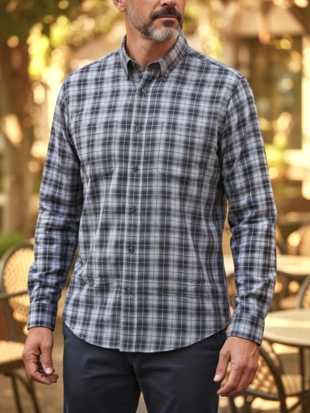 Van Heusen Black & Gray Plaid Button-Down Collar Long Sleeve Shirt Size L EUC